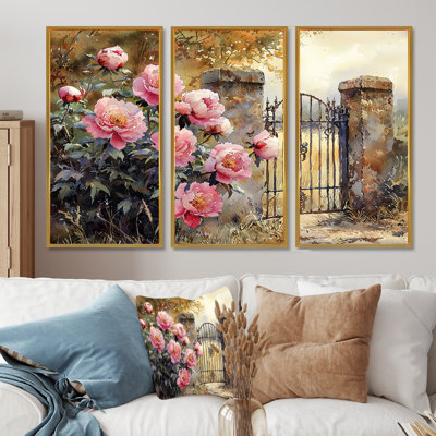 Pivoines par la porte de la ferme II - art mural pivoines pour le salon - ensemble de 3