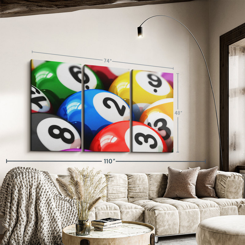 «Colorful Billiard», 3 pièces sur toile, H 48 po x l 74 po x P 1,25 po