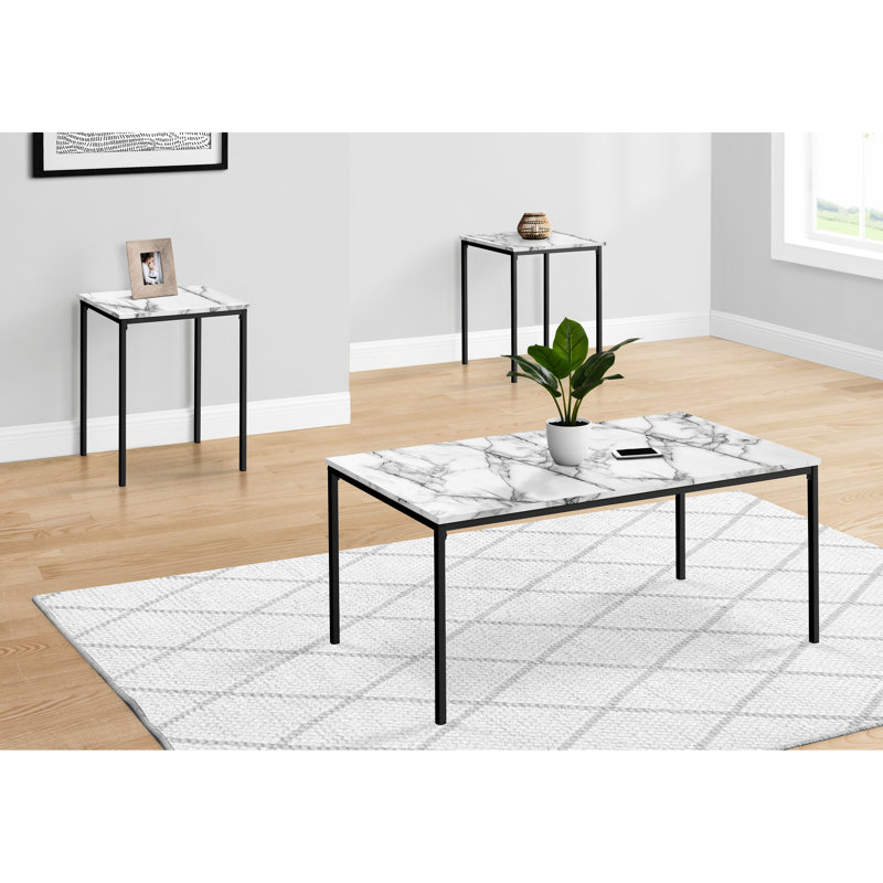 3 tables: 3 pièces en marbre blanc et en métal noir avec surfaces en stratifié et marbre