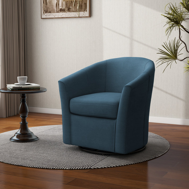Aunna 78 Cm Wide Swivel Barrel Chair, Blue Linen Blend