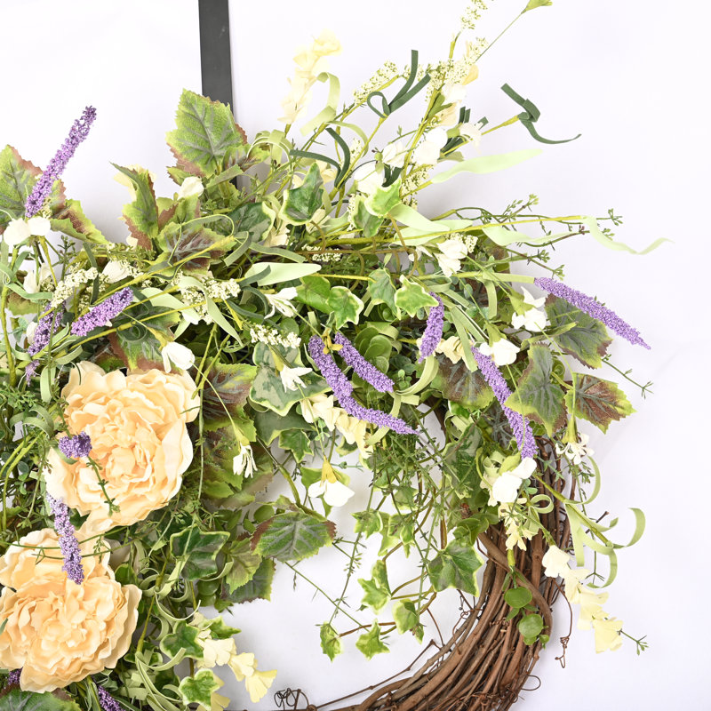 Farmhouse Handcrafted Faux 26'' Floral Peony Wreath for Front Door