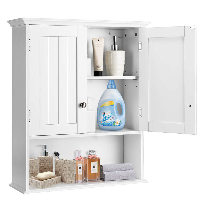 Wall Mount Bathroom Cabinet Storage Organizer with Doors and Shelves, White