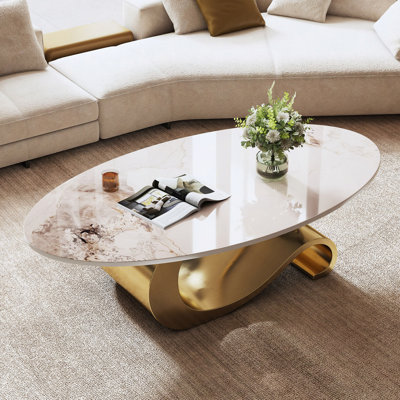 Table basse ovale en faux marbre 49,2 ", base contemporaine en acier inoxydable, table centrale moderne pour le salon