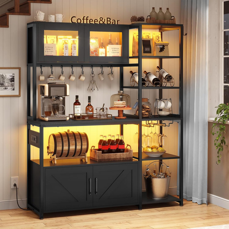 Farmhouse Bakers Rack With LED Light,Space Saving,Black
