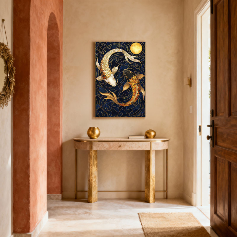 Tableau sur toile tendue représentant des carpes koï et la lune, avec des accents dorés et un fond bleu, idéal pour la décoration du salon, de la chambre ou du bureau.