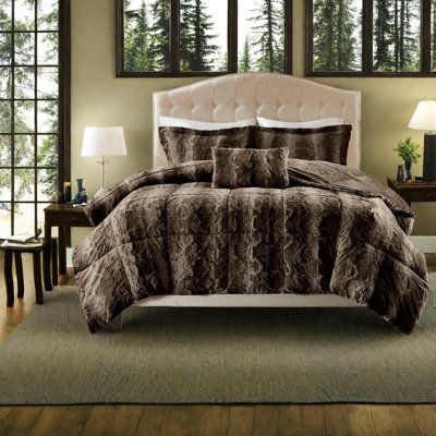 Ensemble de literie luxueux en fausse fourrure, très grand lit, brun foncé contemporain