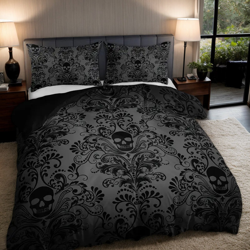 Ensemble de housse de couette en microfibre damassé gothique avec taies d'oreiller, tête de mort noire à imprimé numérique sur le devant gris et dos noir uni, literie réversible, lit double grand, lit double et édredon non inclus
