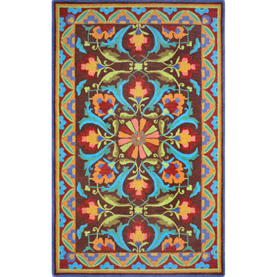 Porcelain Jar Floral Hand Hooked Wool Green/Blue/Red Area Rug