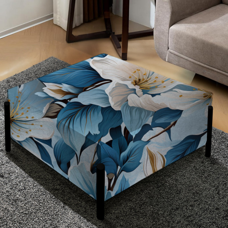 Mediterranean Dreams Blue Floral Pattern - Floral Large Square Ottoman