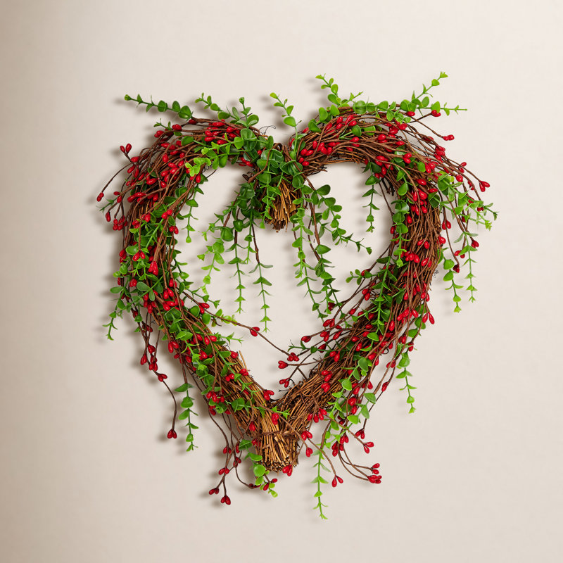 15" Berry Heart Wreath, Red