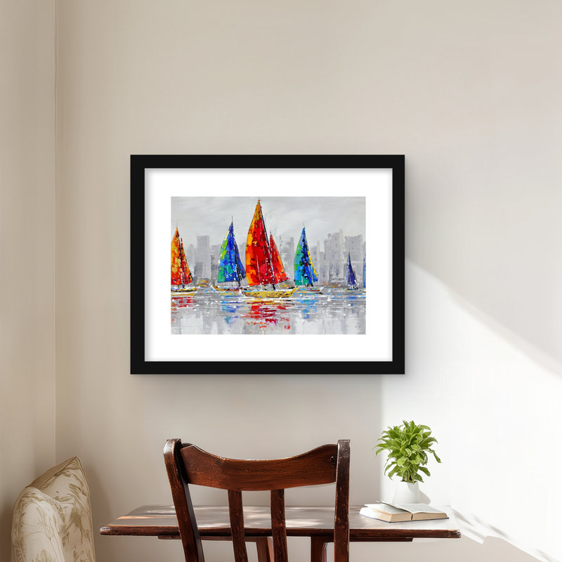 Bateaux colorés près de la ville grise - reproduction marine emmêlée