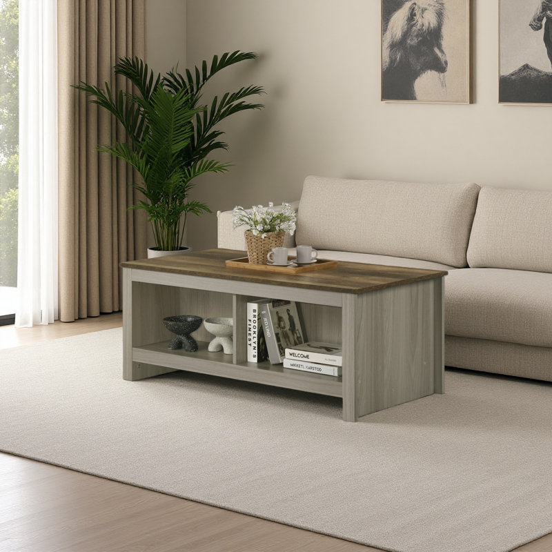 43"W Gray Oak Coffee Table With Open Shelves Front And Back