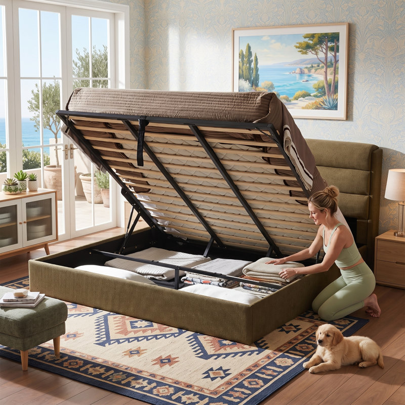 Lit plateforme tapissier avec rangement relevable, Très grand, Vert olive