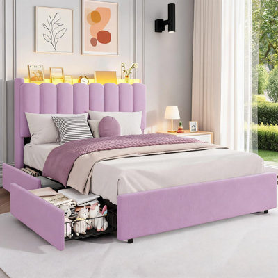 Full Size Purple Upholstered Bed Frame with LED Headboard, Wavy Storage Bookcase & 2 Drawers, Wood Slat Platform Bed for Kids & Girls, Purple