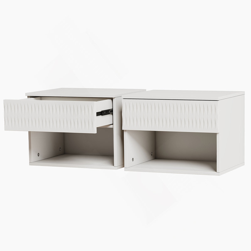 Ensemble de 2 tables de chevet murales avec tiroir et tablette ouverte, Blanc ancien