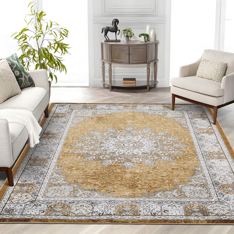 9'x12' Washable Vintage Floral Area Rug, Non-Slip Distressed Indoor Carpet for Living Room Bedroom, Camel Gold, Gold