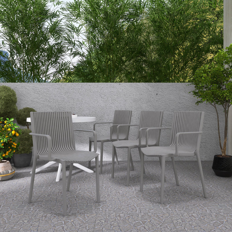 Modern Polypropylene Stackable Armchair, Indoor/Outdoor Use (Set of 4), Gray