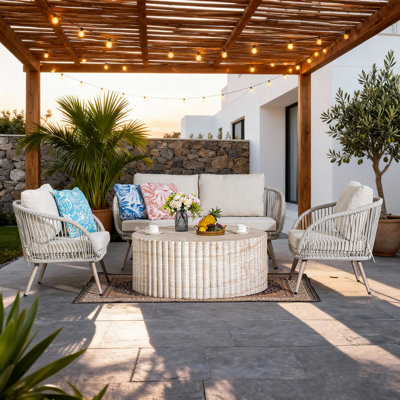 Ensemble de conversation de patio en osier 4 pièces toutes saisons avec coussins lavables et table MgO - pour jardin, balcon