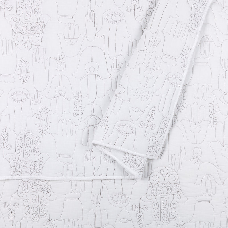 Ensemble de courtepointe 3 pièces Hamsa, Courtepointe grand + 2 couvre-oreillers standard, Blanc