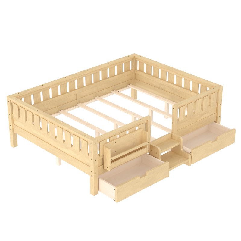 Structure de lit mezzanine grand format avec escalier, étagères et tiroirs de rangement intégrés, garde-corps, lumière naturelle