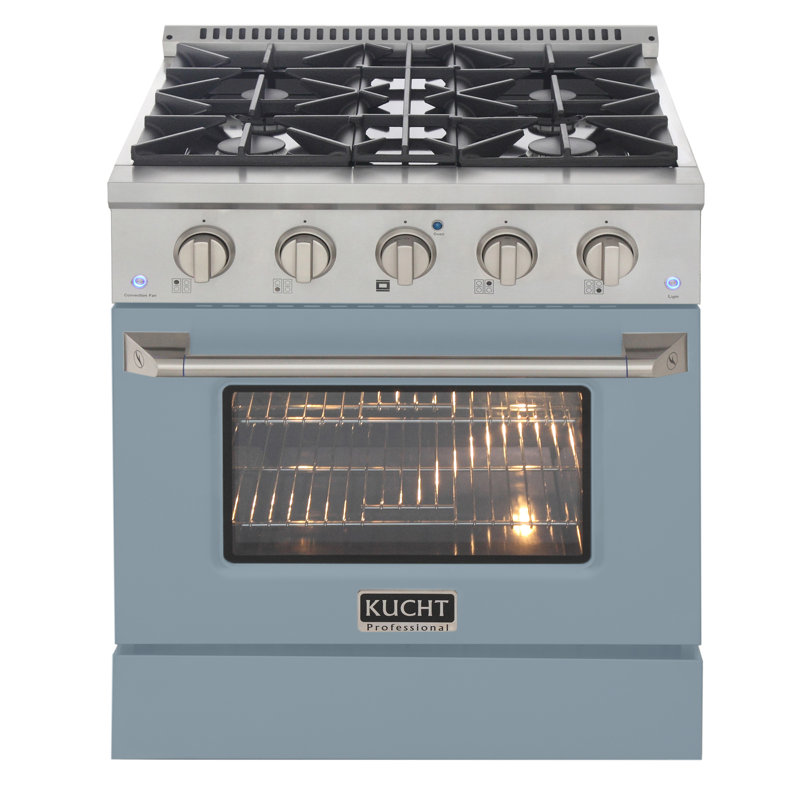 KUCHT Professional 30 po 4,2 pieds cubes Cuisinière au gaz propane avec brûleurs scellés et four à convection en acier inoxydable avec porte de four bleu clair