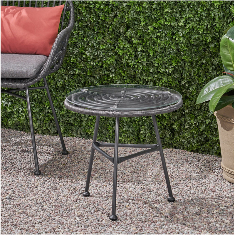 Table d'appoint pour l'extérieur en faux rotin, table de bout en verre trempé pour terrasse