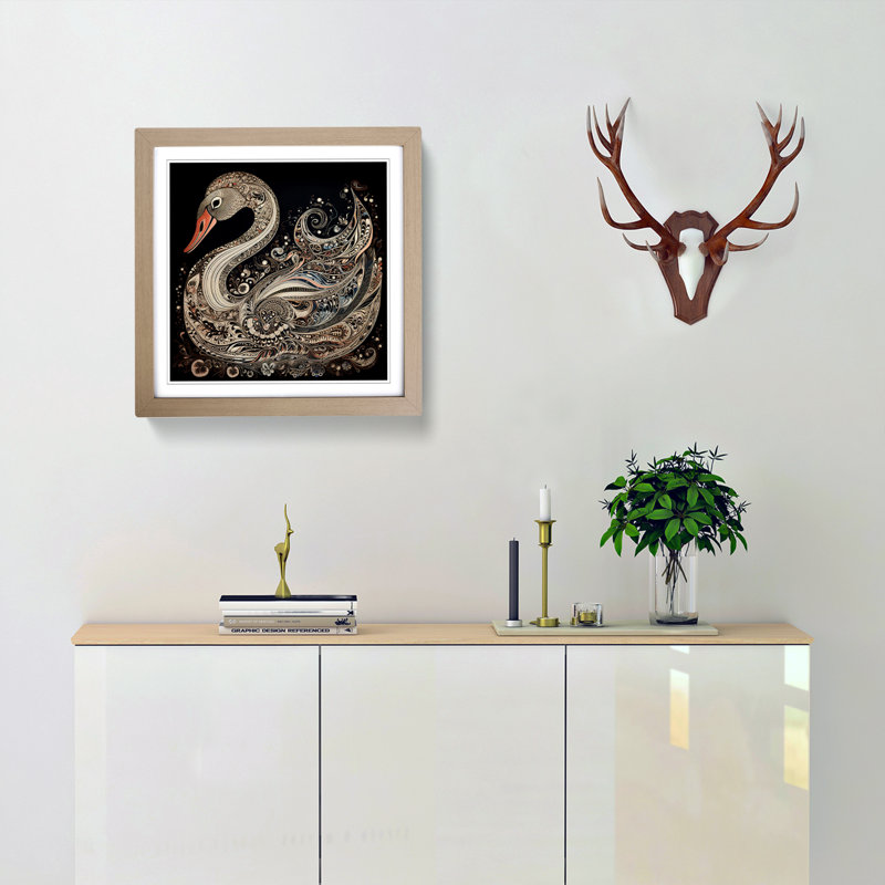 Swan Paisley Art - Single Picture Frame Print on Wood, Oak