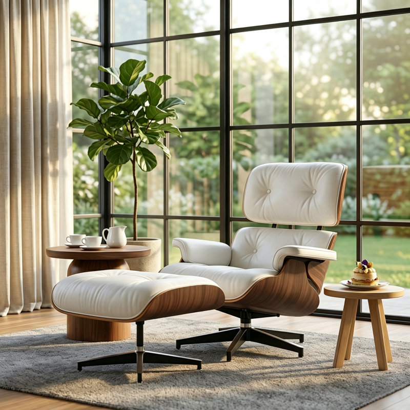 Swivel Lounge Chair With Ottoman, White/Brown Wood
