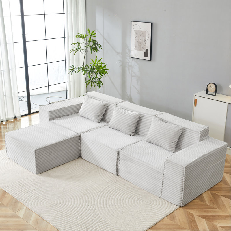 L-Shaped Modular Sectional Sofa, 3-Seater With Ottoman, Striped Corduroy Fabric, High-Density Foam For Home, Apartment, Office (Light Gray)