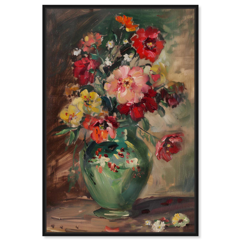 Art floral sur toile, vase vert, Cadre noir, H 31 po x l 21 po