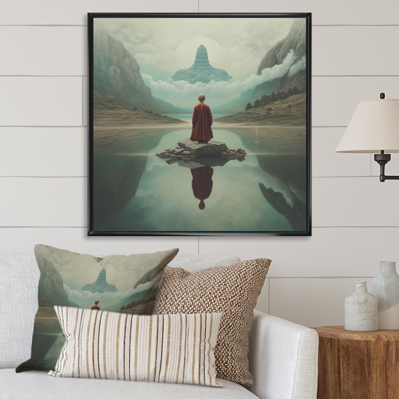 Mindfulness bouddhiste vison méditant sur toile, Cadre flottant noir, H 36 po x l 36 po x P 1,5 po