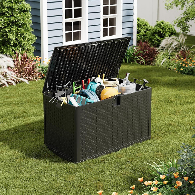 120 Gallon Waterproof Outdoor Storage Box, Lockable Plastic Deck Box for Pool & Garden Tools, Black
