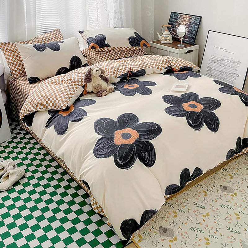 Ensemble d'édredon floral noir et blanc pour lit simple Big Flower Chic Bedding, Full Comforter + 2 Standard Pillowcases