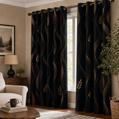2 pièces de rideaux à oeillets à motif de feuilles noires et dorées, obscurcissement de la vague abstraite, impression d'art de luxe moderne à isolation thermique pour le salon