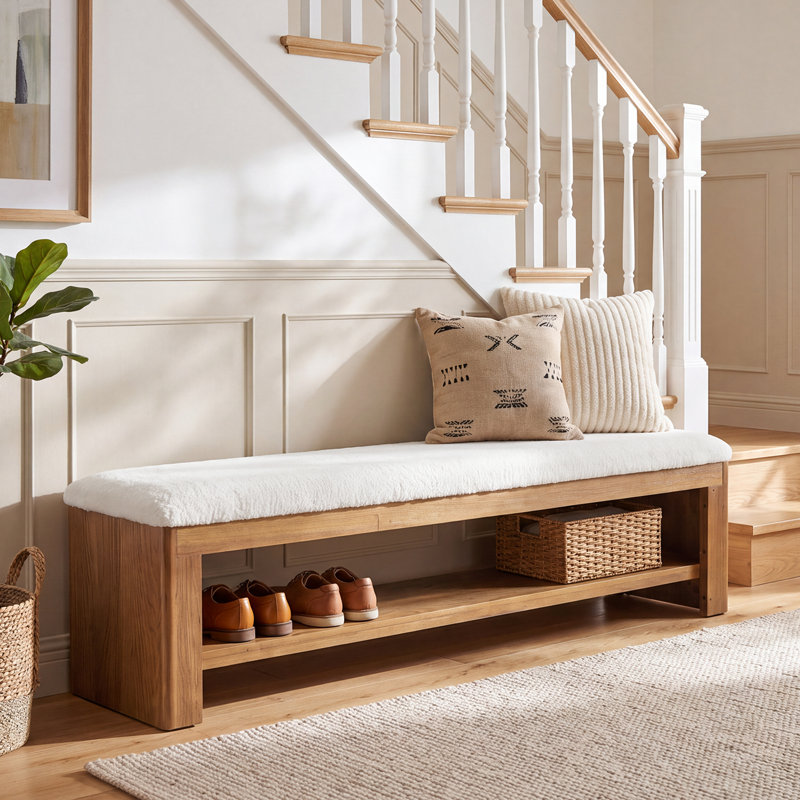 Banc pour chaussures 62,9 pouces en bois massif avec rangement et siège rembourré pour le salon et la chambre à coucher