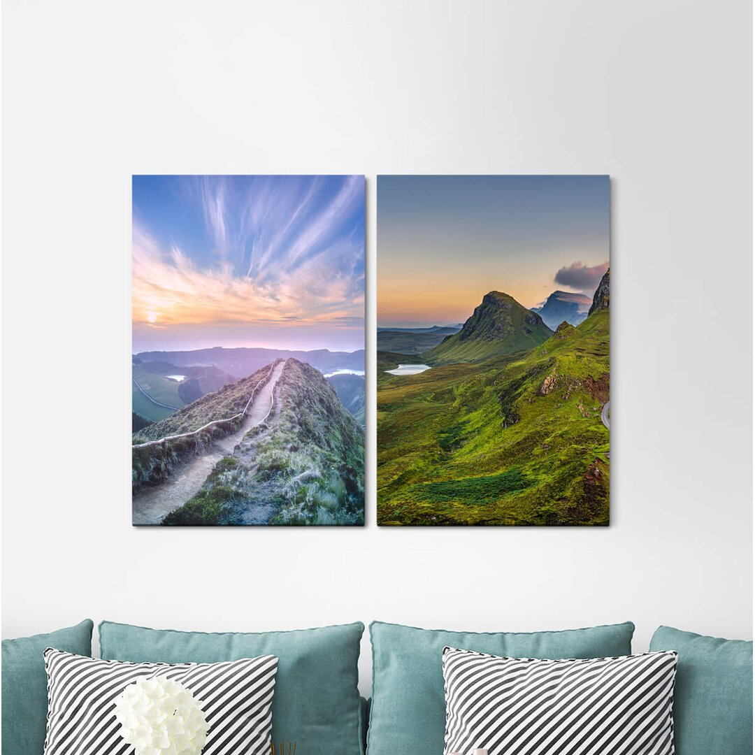 2-tlg. Leinwandbilder-Set - Fotografie „Mountains Hiking Trail Sky Green Nature Majestic Horizon”