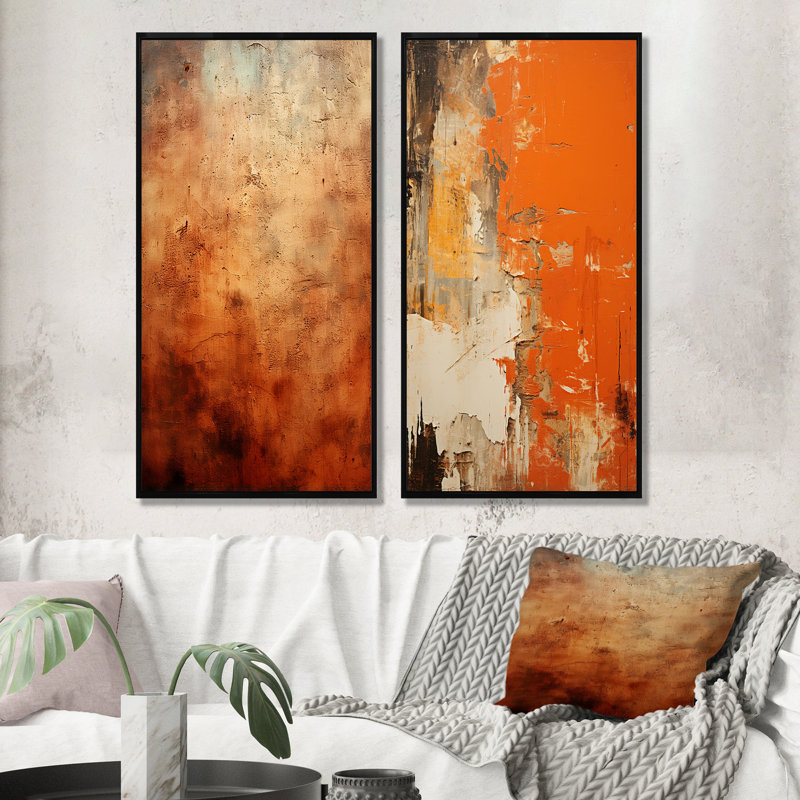 Orange abstrait Chaos de feu Art I - ensemble de 2 décorations murales peinture abstraite, Cadre flottant noir