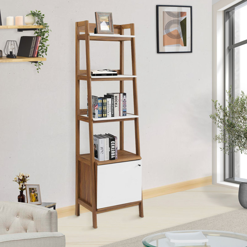 Walnut White 71" Tall Ladder Bookshelf with Concealed Storage
