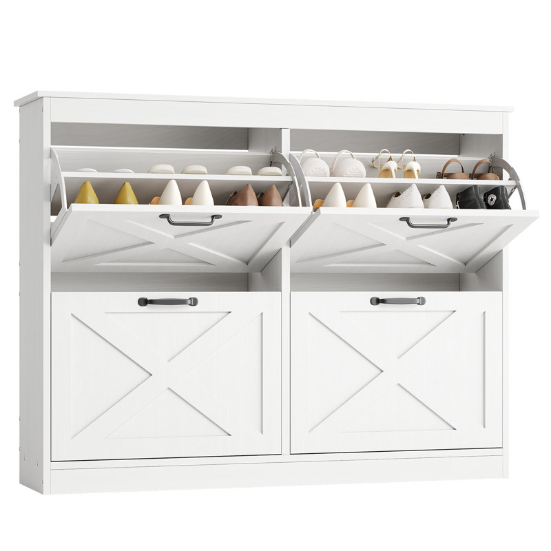 Armoire de rangement pour chaussures avec 4 tiroirs rabattables, organisateur de chaussures dissimulé large pour entrée, blanc