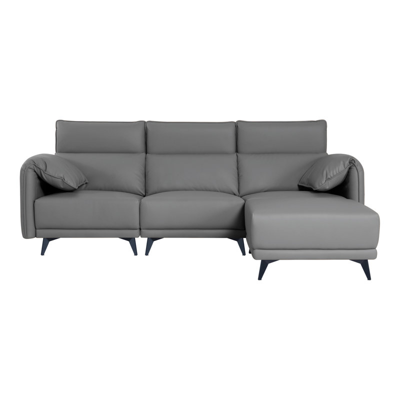 Shealene High Back Sectional Couch with Ottoman, 4 Seater L-Shaped Sofa with Headrests, Grey Synthetic Leather