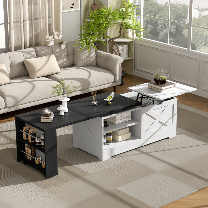 Table basse à plateau relevable avec portes de grange et grand rangement caché Farmhouse, Blanc/Noir