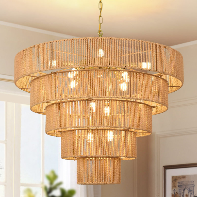 Luminaire de lustre en rotin Boho, 5 Tiers, 12 lumières