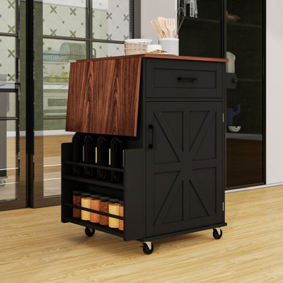 Farmhouse Mobile Kitchen Cart with Drop Leaf, Towel Rack and Lockable Wheels
