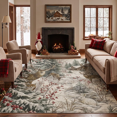 Tapis lavable à poils courts gris / vert Winter Deer & Lodge