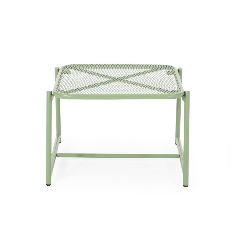 13.09"H Garden Side Table - Iron, Mesh Top Design, Outdoor Furniture Style Iron Mesh, Backyard Delight, Weather, Green