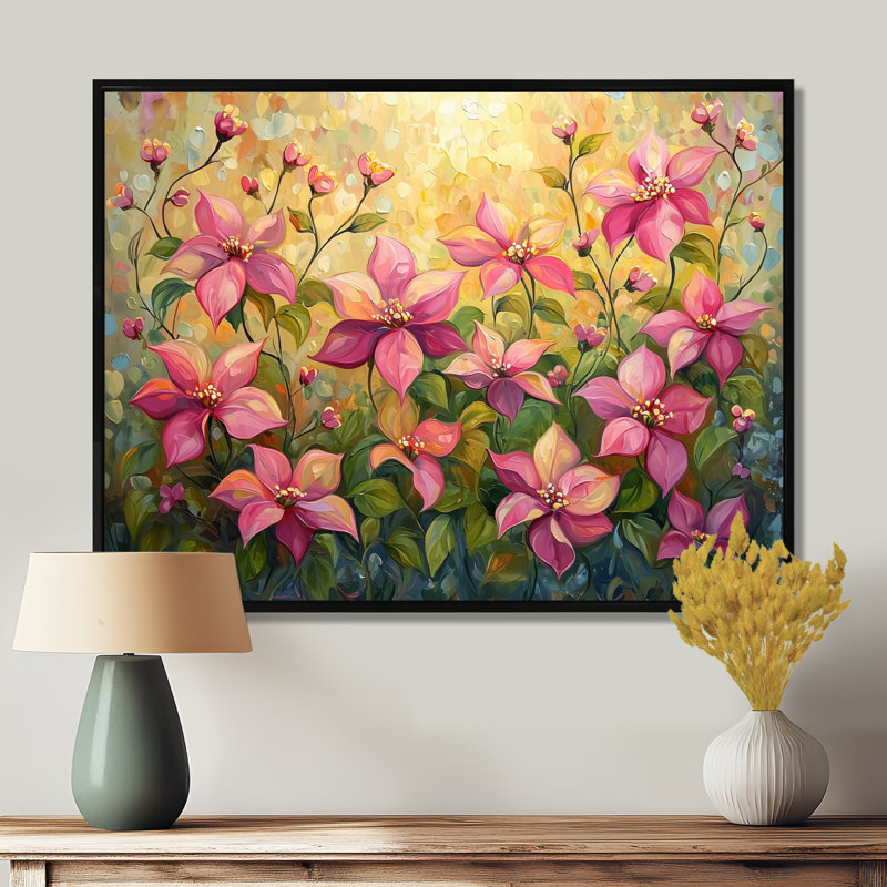 «Spring Poinsettias Festive Petal Dance II», art mural poinsettias, H 12 po x l 20 po, Cadre flottant noir