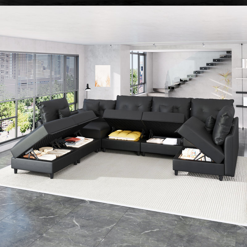 Canapé avec méridienne réversible avec repose-pieds Breseis, Black Faux Leather