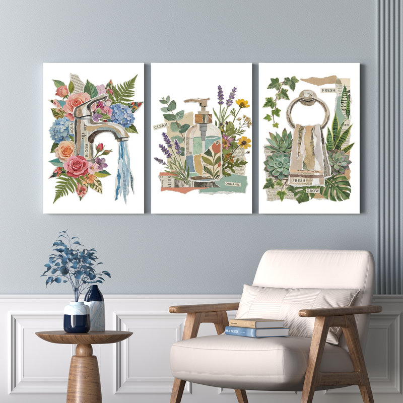 Ensemble de 3 tableaux muraux sur toile à motifs floraux et botaniques pour salle de bain, H 36 po x l 72 po