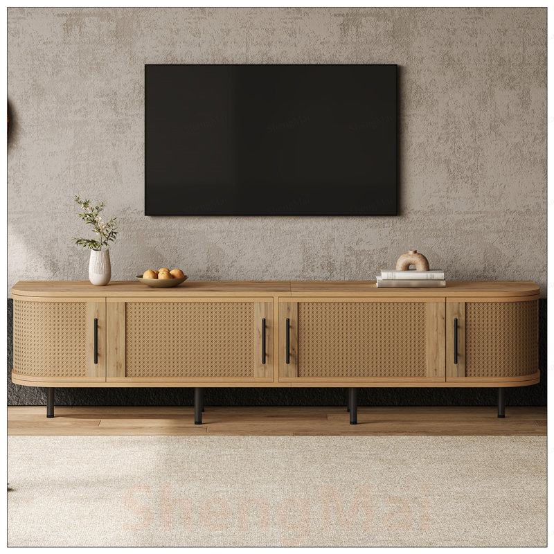 Meuble télé moderne avec portes en rotin pour téléviseur de 80 po ou moins, console média avec rangement et gestion des câbles