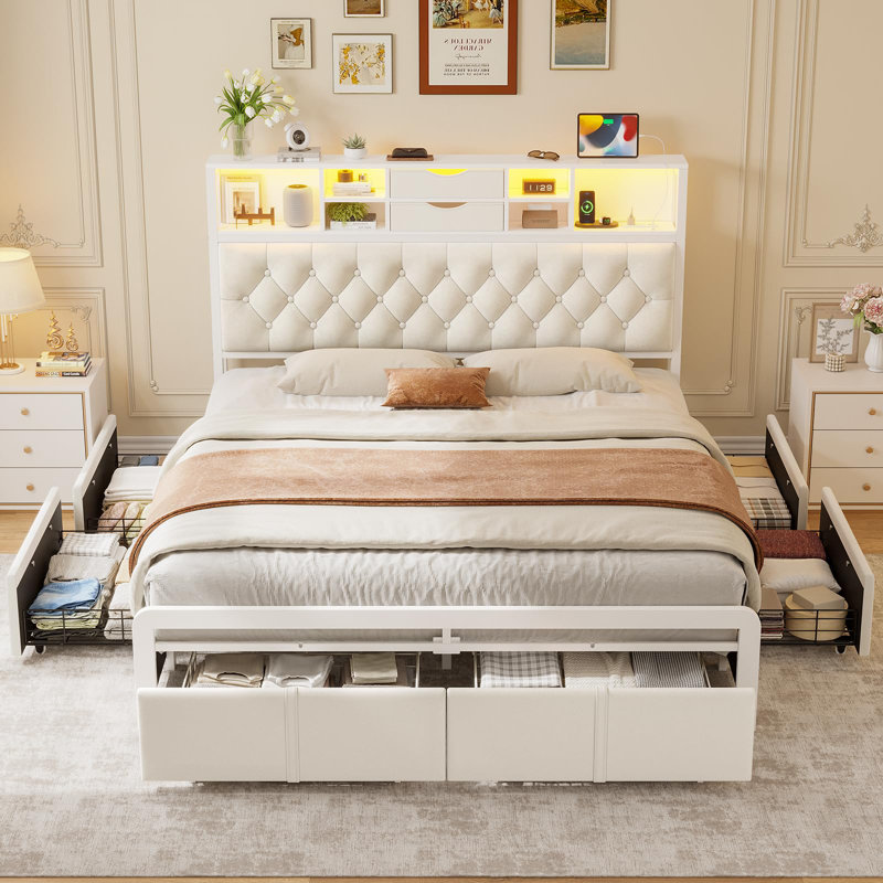 Upholstered Bed Frame With 6 Storage Drawers And Headboard, Platform Bed With Led Lights And Charging Station, King, White
